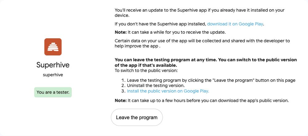 Google Play confirma You are a tester e mostra o link para baixar o Superhive.