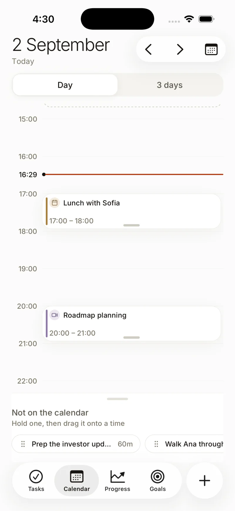 The day calendar, with unscheduled tasks ready to drag onto it