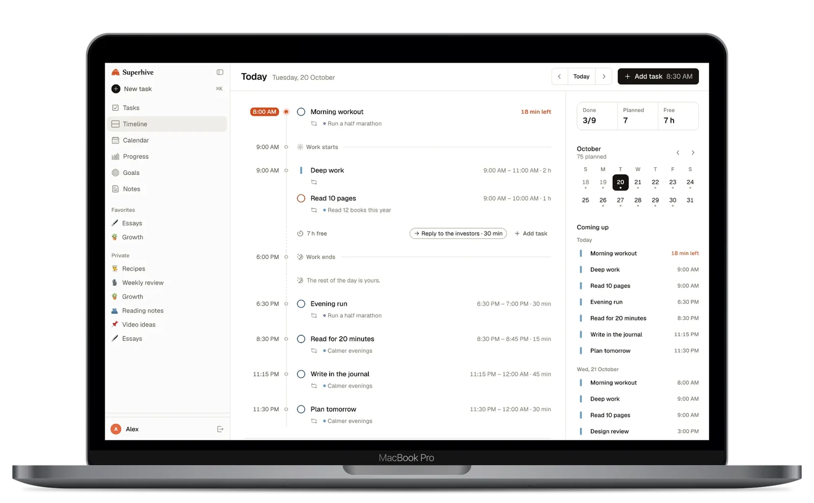 The Superhive timeline on a laptop: the day on one line, two weeks of days and what is coming up