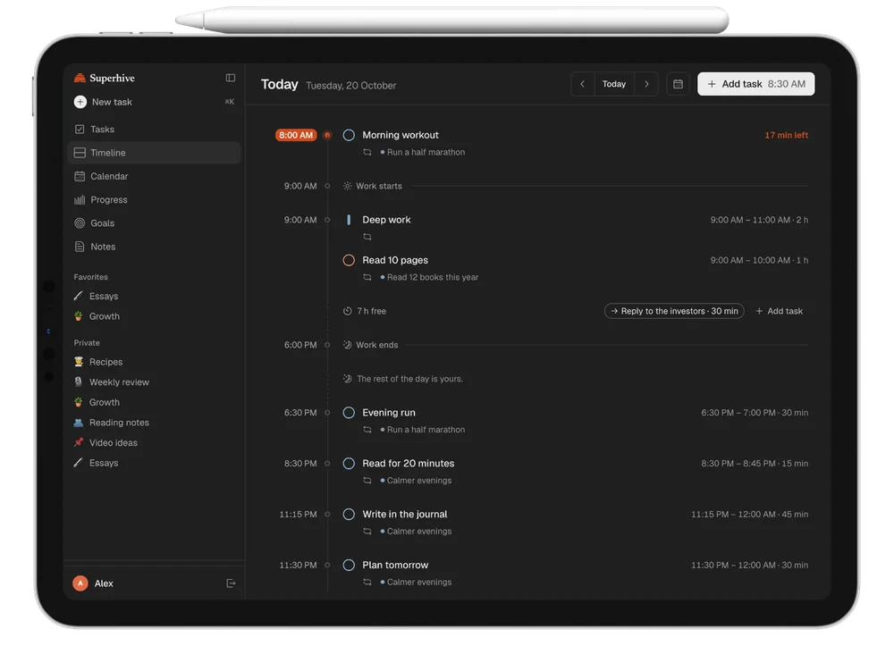The Superhive timeline on an iPad, in dark mode